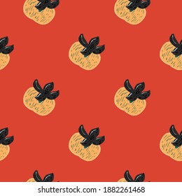 Simple fruit seamless autumn pattern with light yellow persimmons. Dark orange background. Great for fabric design, textile print, wrapping, cover. Vector illustration