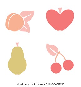Simple fruit vector flat illustrations. Set with peach, apple, pear, and cherries.
