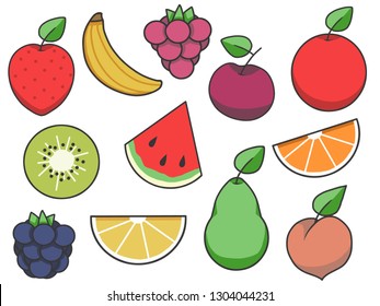 Simple fruit vector icon collection with strawberry, apple, pear, lemon, watermelon, peach, kiwi, banana, raspberry, cherry, orange and blackberry