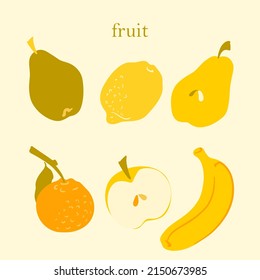 Simple fruit vector set. Pear, lemon, mandarin, apple, banana. Fruit icons. Green and yellow palette.