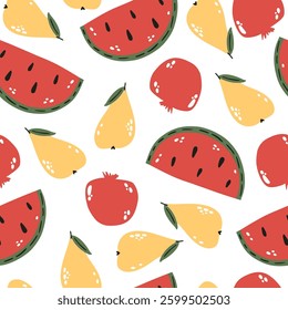 Simple Fruits Illustration Seamless Pattern: Organic Fresh, and Colorful Tropical Fruits Orange, Banana Mango, Watermelon, Apple, Lemon, Cherry, Pear Strawberry Pomegranate, Peach Vegan Healthy, Juicy