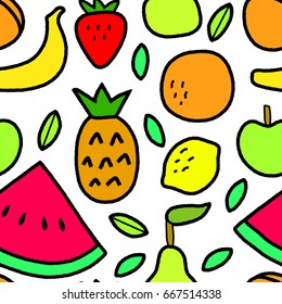Simple fruits and leaves on white seamless pattern, vector