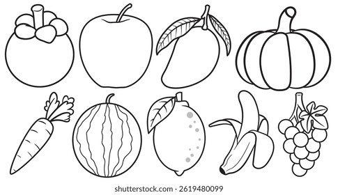 Simple fruits and vegetable coloring page for kids. Includes mangosteen, apple, mango, lemon, banana, grapes, carrot, pumpkin, and watermelon. Great for early learning and creative fun