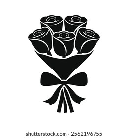 A simple full black a rose bouquet tied with a ribbon silhouette