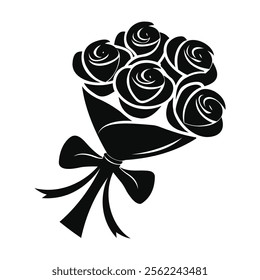 A simple full black a rose bouquet tied with a ribbon silhouette