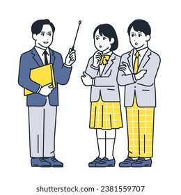 Simple full body illustration material of a teacher and male and female students