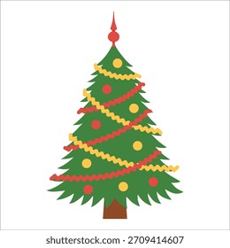 Simple árbol de Navidad lleno decorado con guirnaldas onduladas y adornos brillantes. Ilustración festiva juguetona para tarjeta, Anuncio, niños, diseños de vacaciones. Vector plano. Dibujado a mano. Fondo aislado.