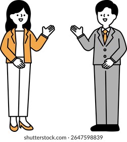 Simple full-body clip art of a businessperson smiling and talking