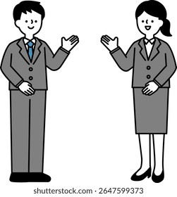Simple full-body clip art of a businessperson smiling and talking