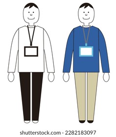 A simple full-body illustration of a male staff wearing a name tag