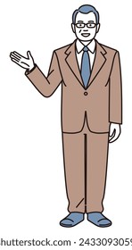 A simple full-body illustration of a middle-aged businessman giving guidance