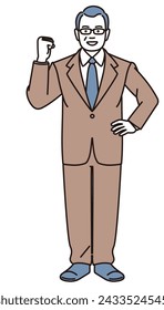 A simple full-body illustration of a middle-aged businessman doing a fist pump