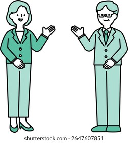 Simple full-body illustration of a middle-senior businessperson smiling and talking