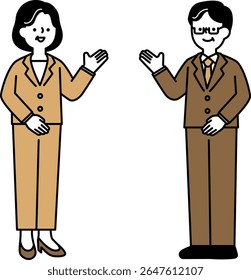 Simple full-body illustration of a middle-senior businessperson smiling and talking