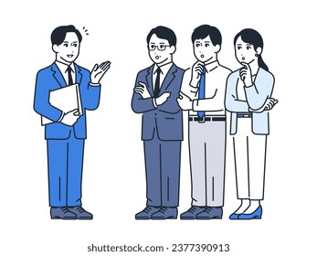 A simple full-body illustration of three office workers receiving explanations from a male advisor