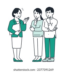 A simple full-body illustration of a young couple receiving an explanation from a female planner