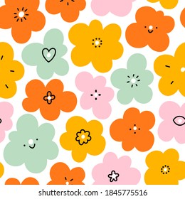 Simple fun abstract floral doodle seamless pattern, big scale, vector illustration