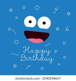 Una tarjeta de cumpleaños simple y divertida con un personaje sonriente sobre un fondo azul brillante, adornada con la frase "¡Feliz cumpleaños!". Ilustración vectorial EPS 10