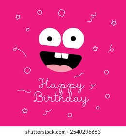 Una tarjeta de cumpleaños simple y divertida con un personaje sonriente sobre un fondo rosa brillante, adornada con la frase "¡Feliz cumpleaños!". Ilustración vectorial EPS 10