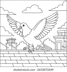 Um desenho simples e divertido desenho de uma linha de desenho de um pombo pousando em um telhado da cidade, ótimo para livros de colorir crianças de temática urbana.