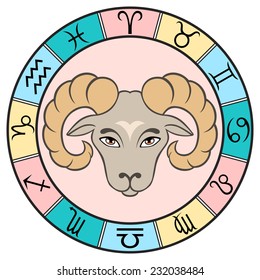 Simple and fun colored Aries zodiac sign in the frame. Vector Illustration 