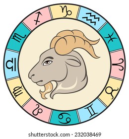 Simple and fun colored Capricorn zodiac sign in the frame. Vector Illustration 