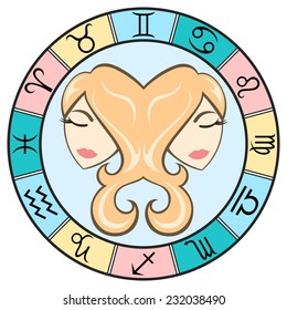 Simple and fun colored Gemini zodiac sign in the frame. Vector Illustration 