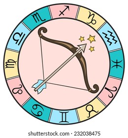 Simple and fun colored Sagittarius zodiac sign in the frame. Vector Illustration 