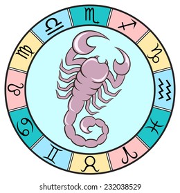 Simple and fun colored Scorpio zodiac sign in the frame. Vector Illustration
