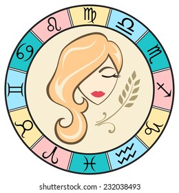 Simple and fun colored Virgo zodiac sign in the frame. Vector Illustration 