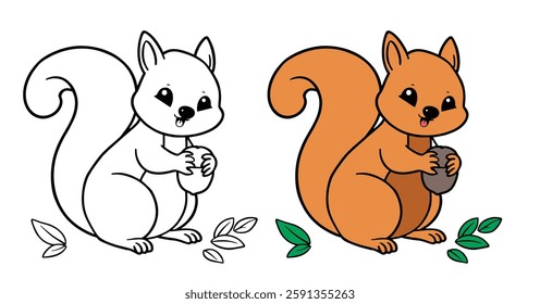 A simple and fun coloring page featuring a happy squirrel holding an acorn. The illustration has bold outlines and large, easy-to-color shapes, making it perfect for kids and beginners.