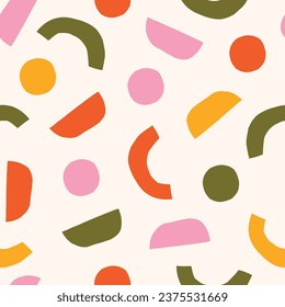 Simple and fun cut out shapes pattern. Vector abstract seamless texture with colourful geometric figures. Playful background