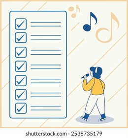 A simple and fun illustration of a young person singing along to a checklist, perfect for adding a whimsical touch to your projects. This graphic is ideal for highlighting the importance of steps.