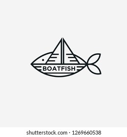 Simple fun line art boat fish logo icon vector template on white background