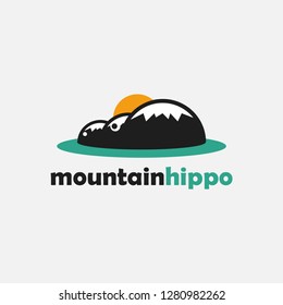 Simple fun mountain hippo landscape logo icon vector template on white background