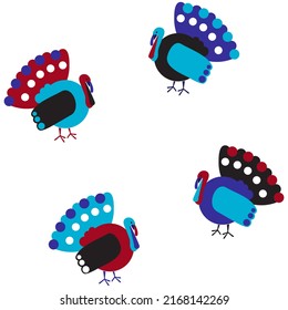 Ein einfaches Muster, das Stiltruthühner auf weißem Hintergrund auf Blau, Bordeaux, Blau und Schwarz abbildet. 