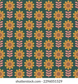 simple and fun seamless geometric sunflower pattern. orange and yellow flowers with pink leaves. Playful floral surface pattern background for fabric, wallpaper and textile.