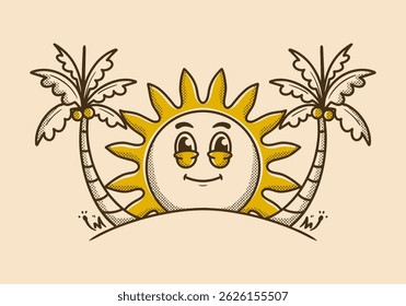 A simple and fun sun illustration with tropical palm trees for beachwear and summer essentials
