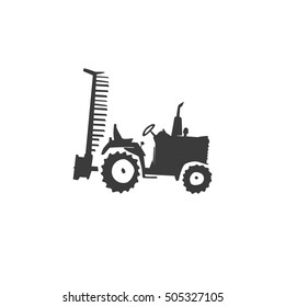 Simple fun tractor icon. Monochrome tractor with outboard plow on white isolated background