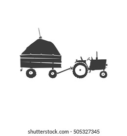 Simple fun tractor icon. Monochrome tractor with trailer on white isolated background