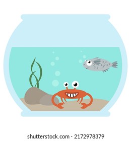simple funny cartoon vector illustration of crab and fish in aquarium 