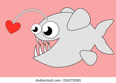 simple funny cartoon vector illustration of fish with red heart on pink