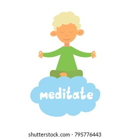 simple funny cartoon vector illustration guy on meditation cloud