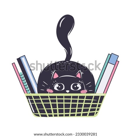 simple funny cat hid in an organizer for folders and notebooks. concept of animals returning to school. Vector illustration of student life.
