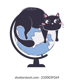 simple funny cat lies on top of the globe. concept of animals returning to school. Vector illustration of student life.