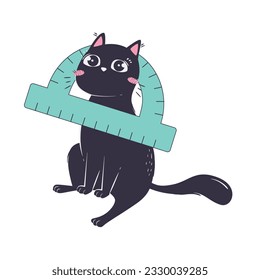 Simple funny cat stuck his head in a big protractor. concept of animals returning to school. Vector illustration of student life.