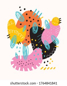 Simple e divertida ilustración del vector geométrico con elementos de pincel dibujados a mano azul, rosa, negro, rojo y amarillo. Puntos, bandas, bucles, guijarros, baches y líneas onduladas, colocadas en un fondo blanco roto. 