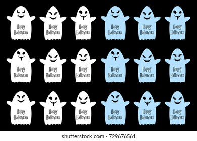 Simple funny ghost with smile, pupils of the eyes, hands and inscription Happy Halloween. Set of vector white and light blue ghosts Halloween