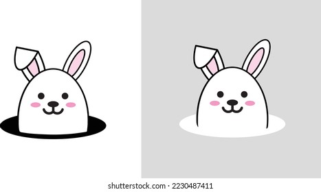 Simple, funny, minimalistic chubby rabbit in a hole logo. Easter Bunny looking up. Cute cartoon bunny illustration with smiling round eyes.