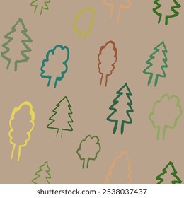 Simple, funny and new pattern with the trees, hand braw, doodle, nice interesting colors, vector graphic